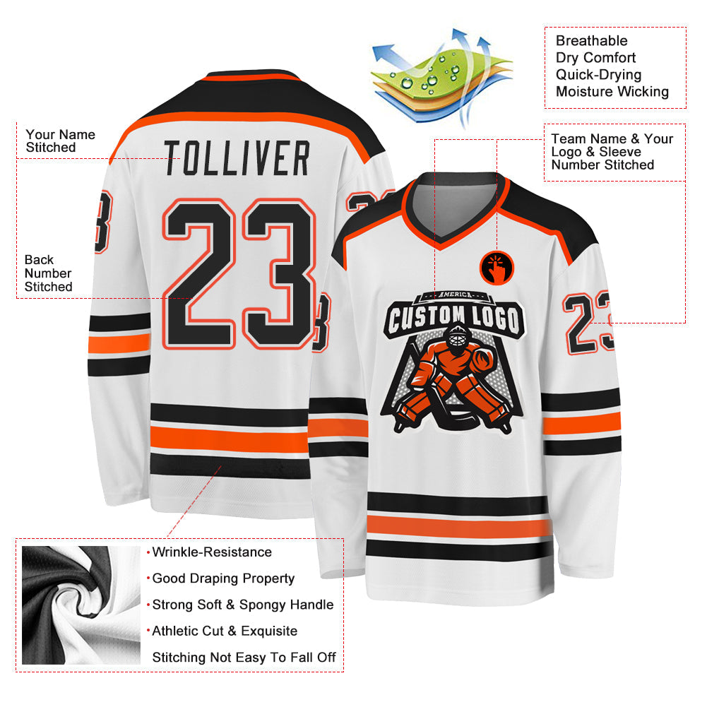 Custom White Black-Orange Hockey Jersey - Sky-Custom