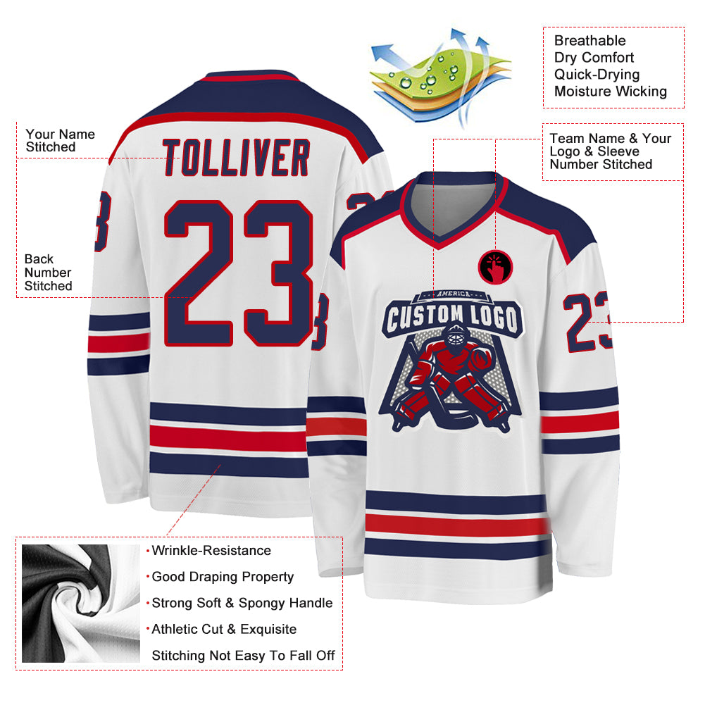 Custom White Navy-Red Hockey Jersey - Sky-Custom