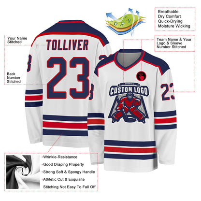 Custom White Navy-Red Hockey Jersey - Sky-Custom