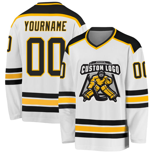 Custom White Black-Gold Hockey Jersey - Sky-Custom