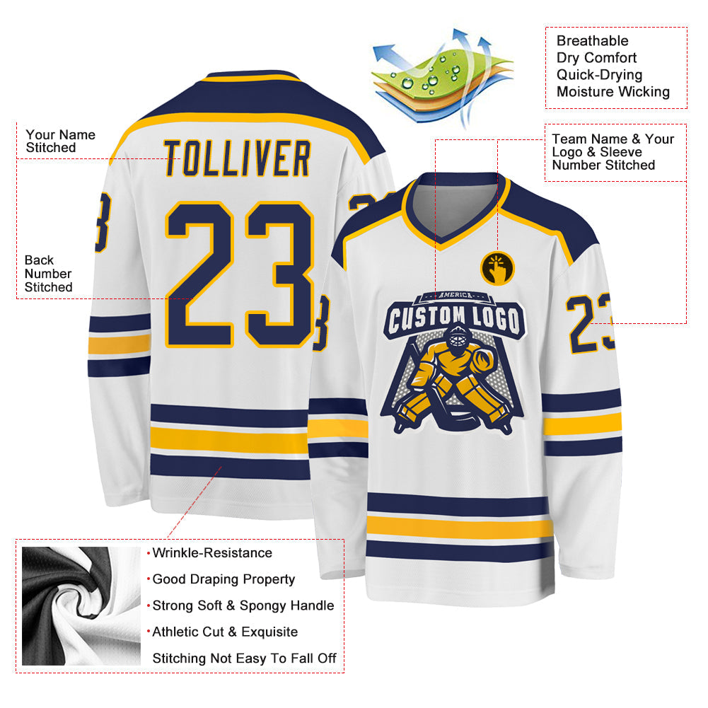 Custom White Navy-Gold Hockey Jersey - Sky-Custom