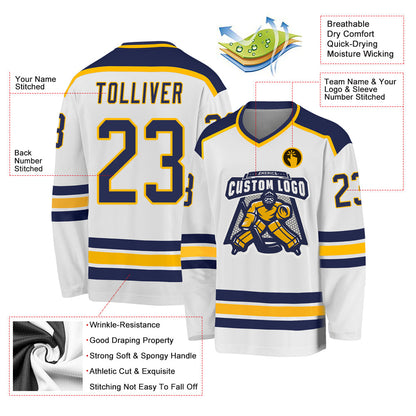 Custom White Navy-Gold Hockey Jersey - Sky-Custom