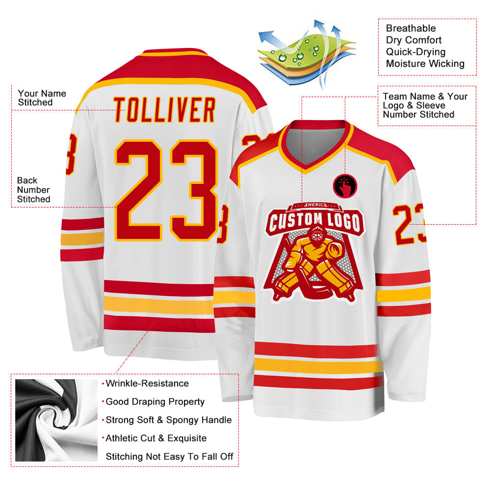 Custom White Red-Gold Hockey Jersey - Sky-Custom