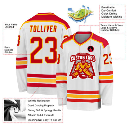 Custom White Red-Gold Hockey Jersey - Sky-Custom