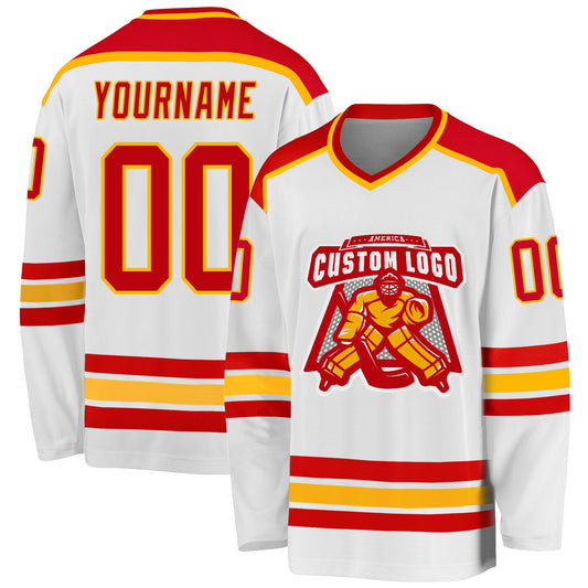 Custom White Red-Gold Hockey Jersey - Sky-Custom