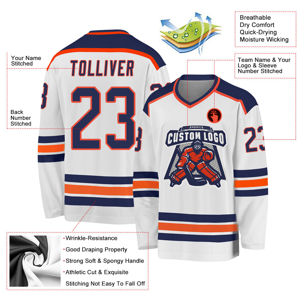 Custom White Navy-Orange Hockey Jersey - Sky-Custom
