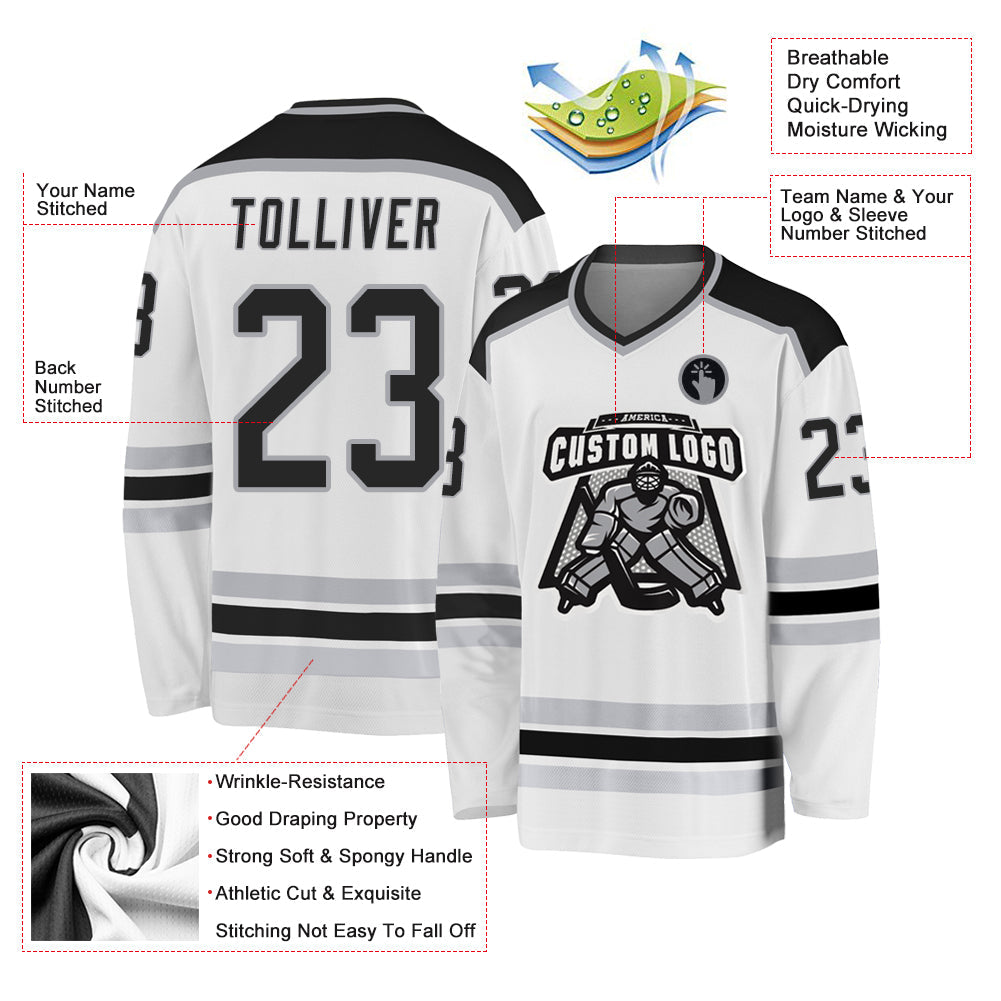 Custom White Black-Gray Hockey Jersey - Sky-Custom
