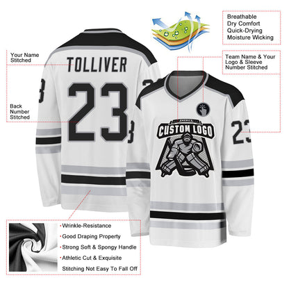 Custom White Black-Gray Hockey Jersey - Sky-Custom