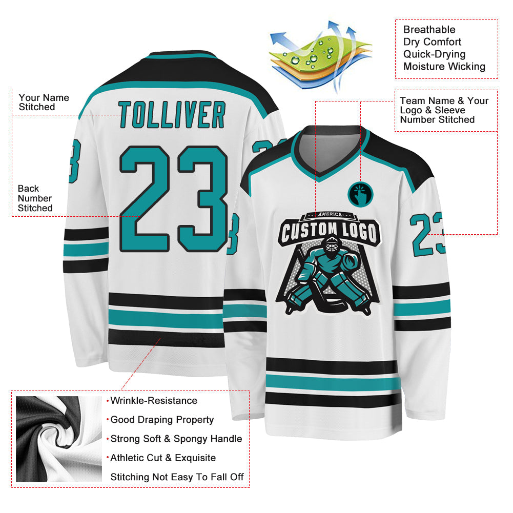 Custom White Aqua-Black Hockey Jersey - Sky-Custom