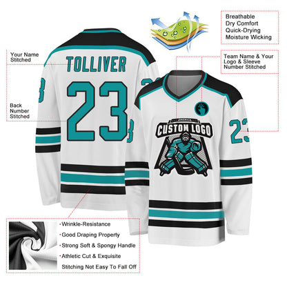 Custom White Aqua-Black Hockey Jersey - Sky-Custom