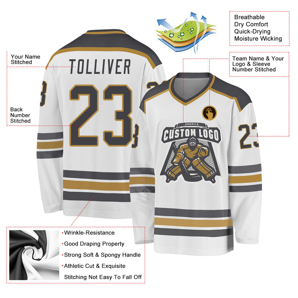 Custom White Steel Gray-Old Gold Hockey Jersey - Sky-Custom
