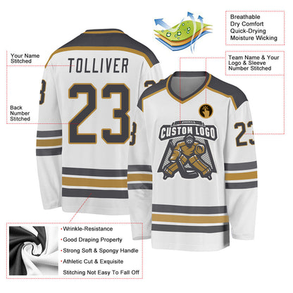 Custom White Steel Gray-Old Gold Hockey Jersey - Sky-Custom