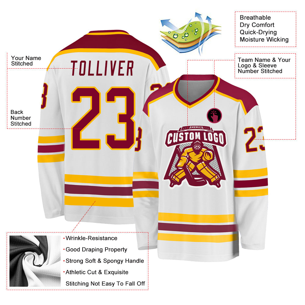 Custom White Maroon-Gold Hockey Jersey - Sky-Custom