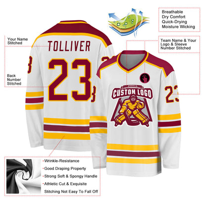 Custom White Maroon-Gold Hockey Jersey - Sky-Custom