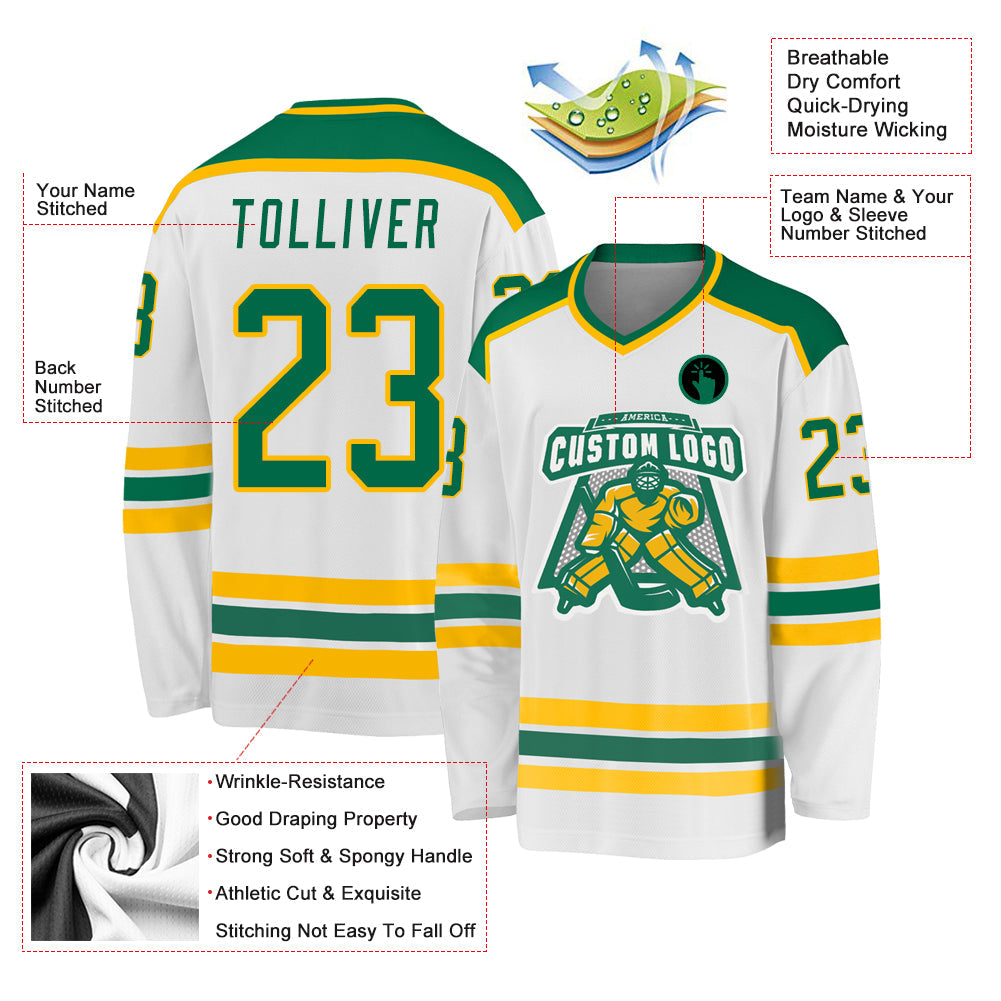 Custom White Kelly Green-Gold Hockey Jersey - Sky-Custom