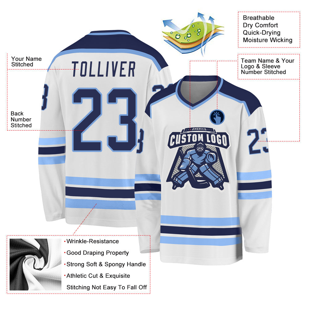Custom White Navy-Light Blue Hockey Jersey - Sky-Custom