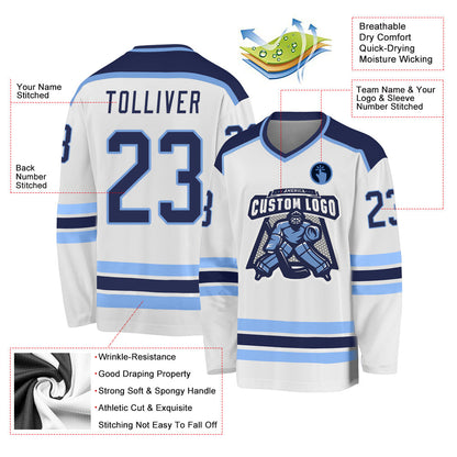 Custom White Navy-Light Blue Hockey Jersey - Sky-Custom