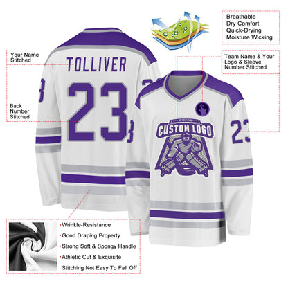 Custom White Purple-Gray Hockey Jersey - Sky-Custom