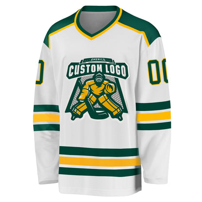 Custom White Green-Gold Hockey Jersey - Sky-Custom