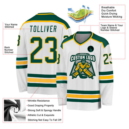Custom White Green-Gold Hockey Jersey - Sky-Custom