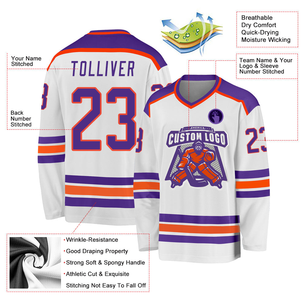 Custom White Purple-Orange Hockey Jersey - Sky-Custom