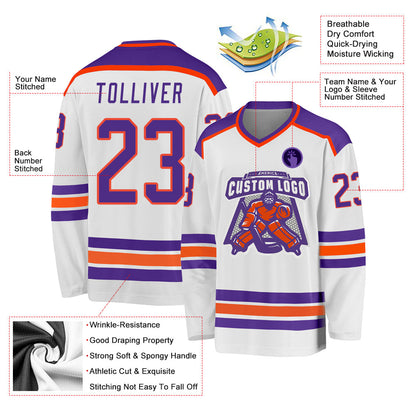 Custom White Purple-Orange Hockey Jersey - Sky-Custom