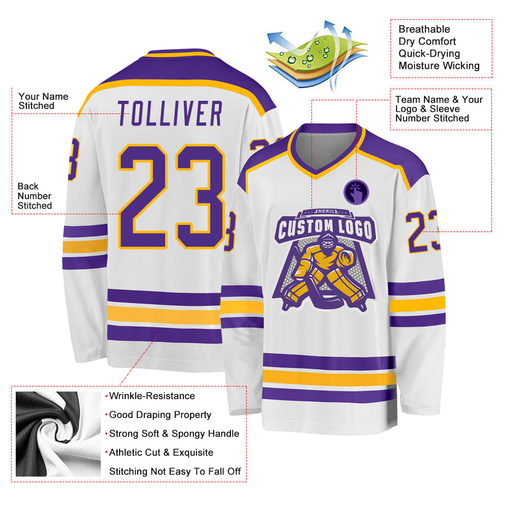 Custom White Purple-Gold Hockey Jersey - Sky-Custom