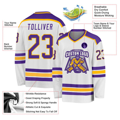 Custom White Purple-Gold Hockey Jersey - Sky-Custom