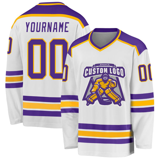 Custom White Purple-Gold Hockey Jersey - Sky-Custom