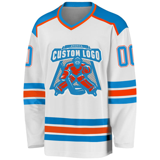 Custom White Blue-Orange Hockey Jersey - Sky-Custom