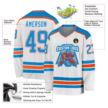 Custom White Blue-Orange Hockey Jersey - Sky-Custom