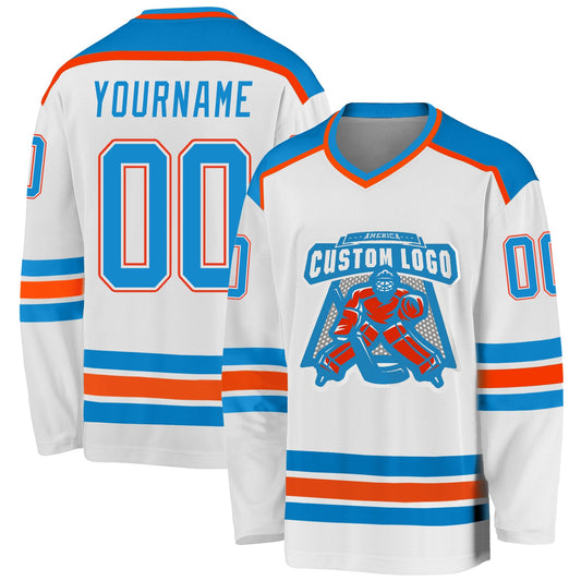 Custom White Blue-Orange Hockey Jersey - Sky-Custom
