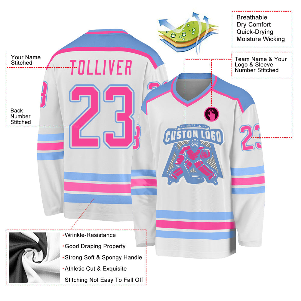 Custom White Pink-Light Blue Hockey Jersey - Sky-Custom