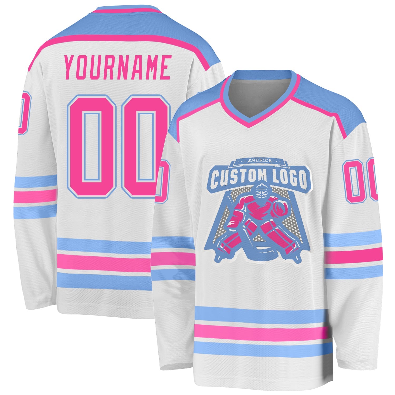 Custom White Pink-Light Blue Hockey Jersey - Sky-Custom