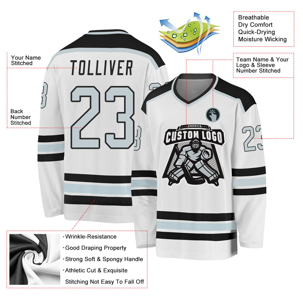 Custom White Silver-Black Hockey Jersey - Sky-Custom