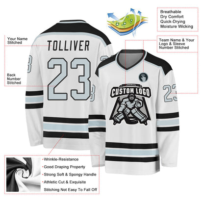 Custom White Silver-Black Hockey Jersey - Sky-Custom