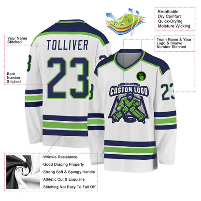 Custom White Navy-Neon Green Hockey Jersey - Sky-Custom