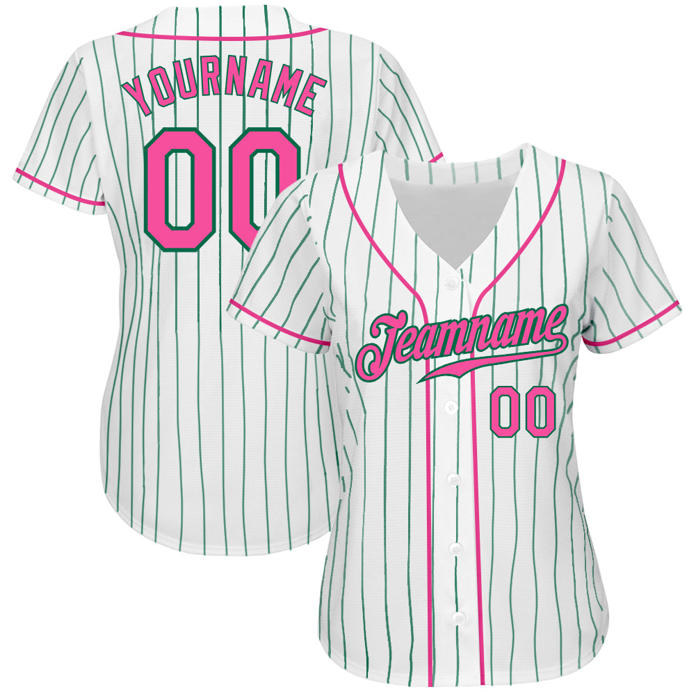 Custom White Kelly Green Pinstripe Pink-Kelly Green Authentic Baseball Jersey - Sky-Custom