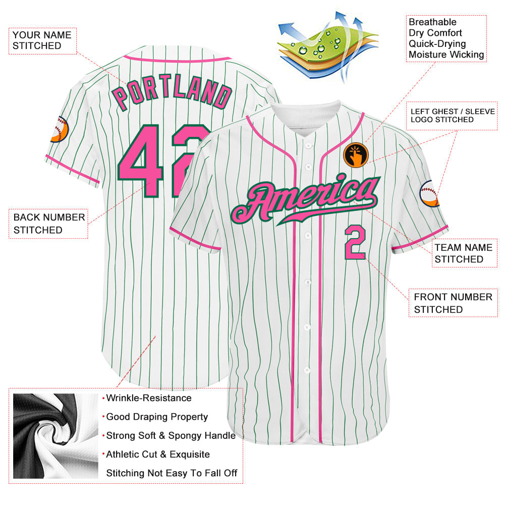 Custom White Kelly Green Pinstripe Pink-Kelly Green Authentic Baseball Jersey - Sky-Custom
