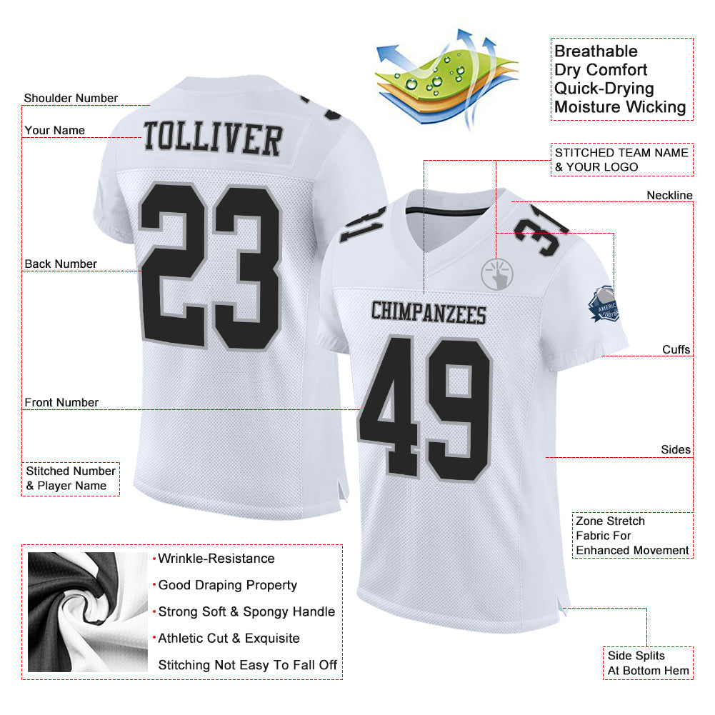 Custom White Black-Gray Mesh Authentic Football Jersey - Sky-Custom