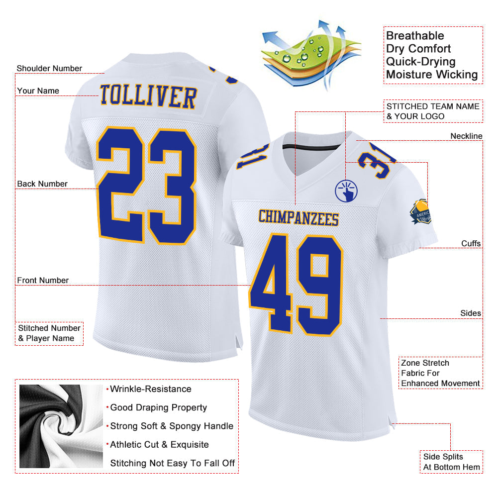 Custom White Royal-Gold Mesh Authentic Football Jersey - Sky-Custom