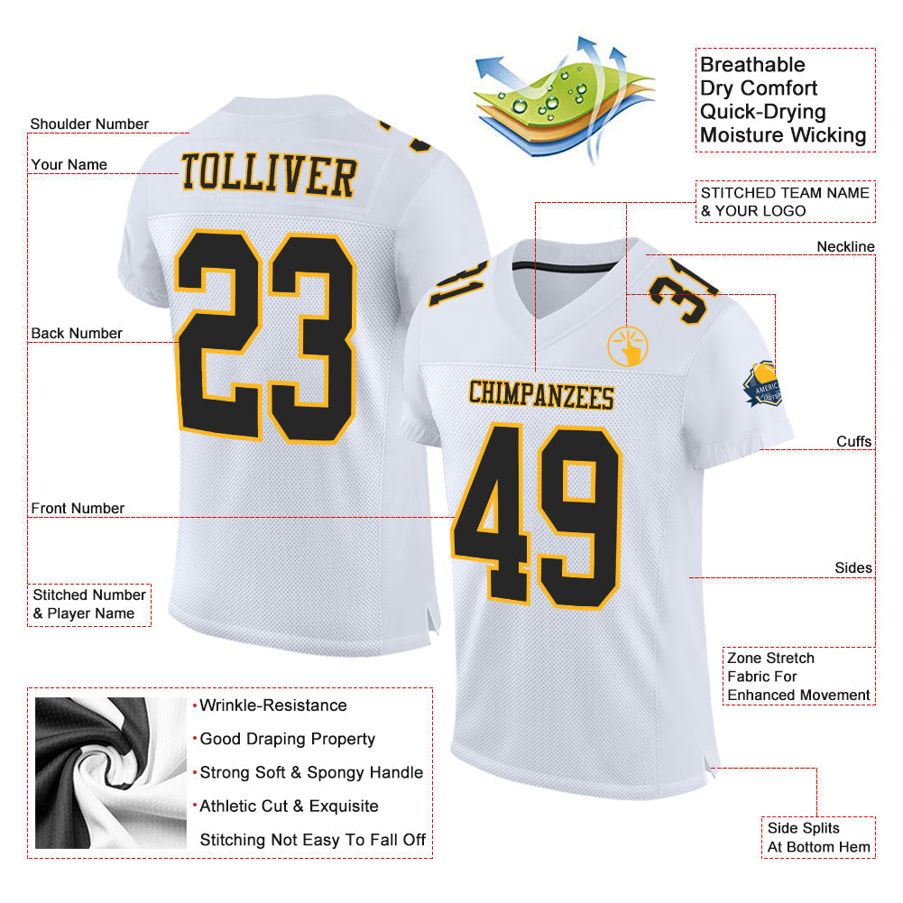 Custom White Black-Gold Mesh Authentic Football Jersey - Sky-Custom