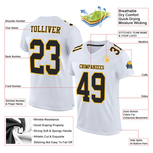 Custom White Black-Gold Mesh Authentic Football Jersey - Sky-Custom