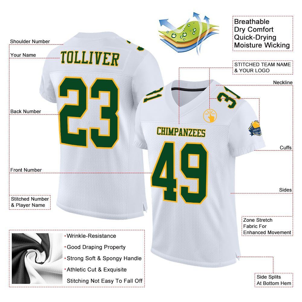Custom White Green-Gold Mesh Authentic Football Jersey - Sky-Custom