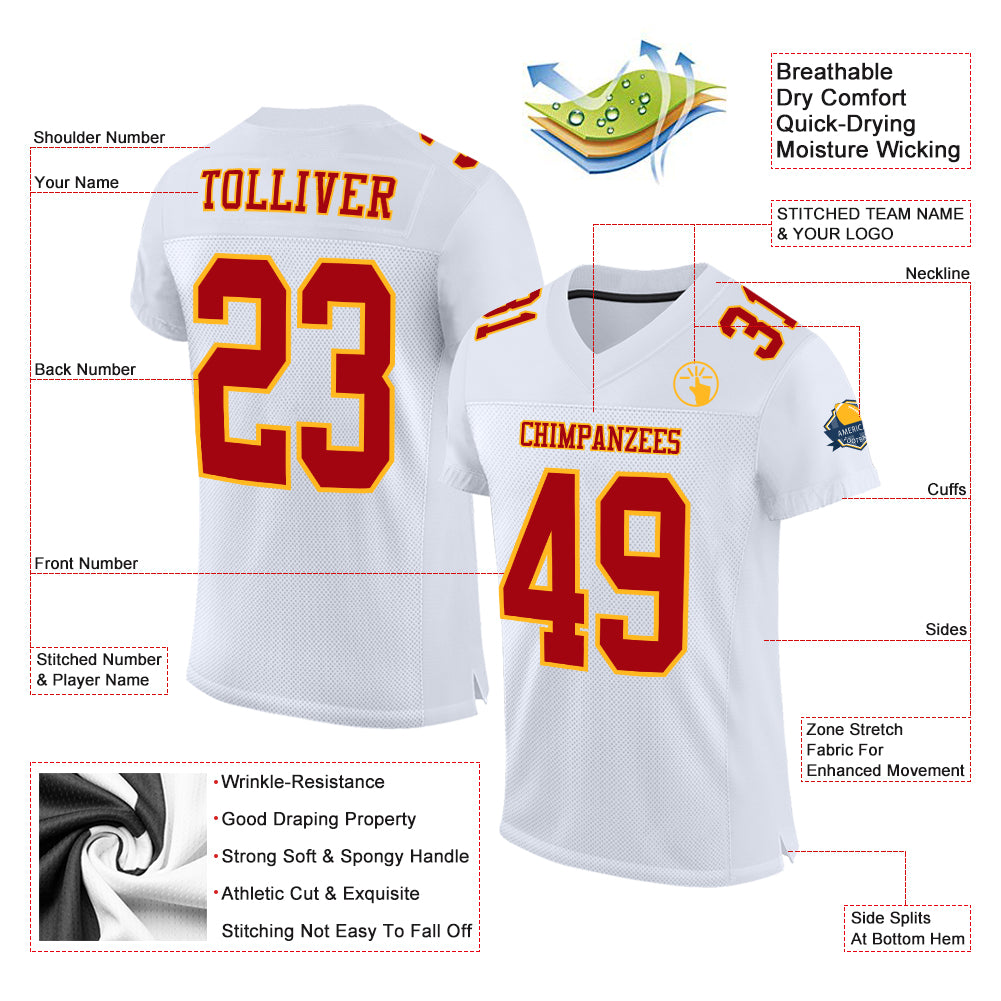 Custom White Red-Gold Mesh Authentic Football Jersey - Sky-Custom
