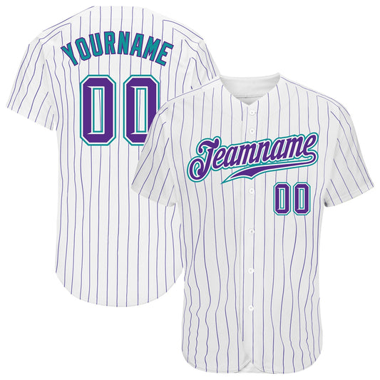 Custom White Purple Pinstripe Purple-Teal Authentic Baseball Jersey - Sky-Custom