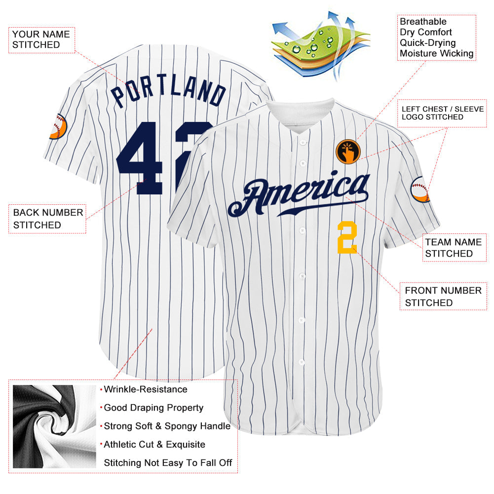 Custom White Navy Pinstripe Navy-Gold Authentic Baseball Jersey - Sky-Custom