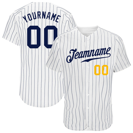 Custom White Navy Pinstripe Navy-Gold Authentic Baseball Jersey - Sky-Custom