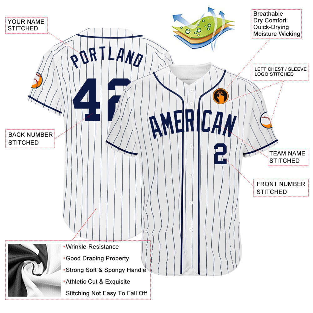 Custom White Navy Pinstripe Navy Authentic Baseball Jersey - Sky-Custom