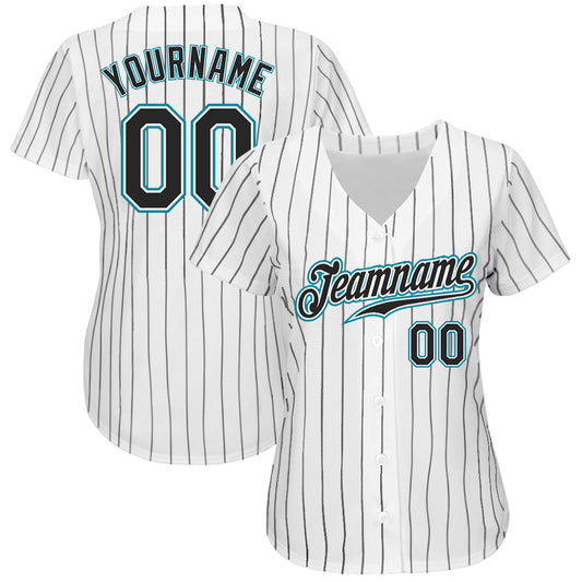 Custom White Black Pinstripe Black-Teal Authentic Baseball Jersey - Sky-Custom